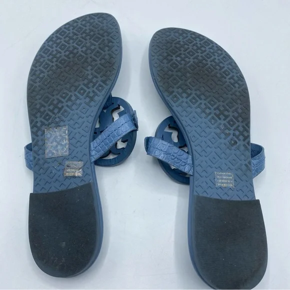 Tory Burch MILLER Leather Thong Sandals Logo Slip On Croc Embossed Women's 6 Blu - Picture 6 of 9